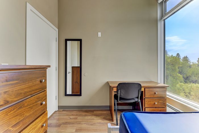 Cozy and bright bedroom featuring a wooden desk, large window with green views, and ample storage with a wooden dresser.