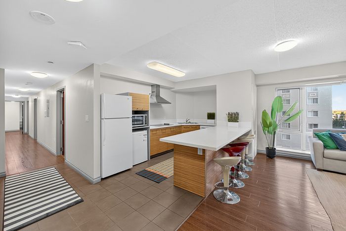 Modern apartment interior featuring a sleek kitchen with white countertops, stylish bar stools, and a cozy living area with large windows and lush plants.