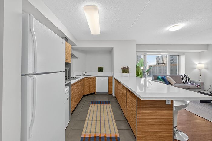 Contemporary open-concept kitchen and living area with sleek cabinetry, bright lighting, and welcoming lounge space.