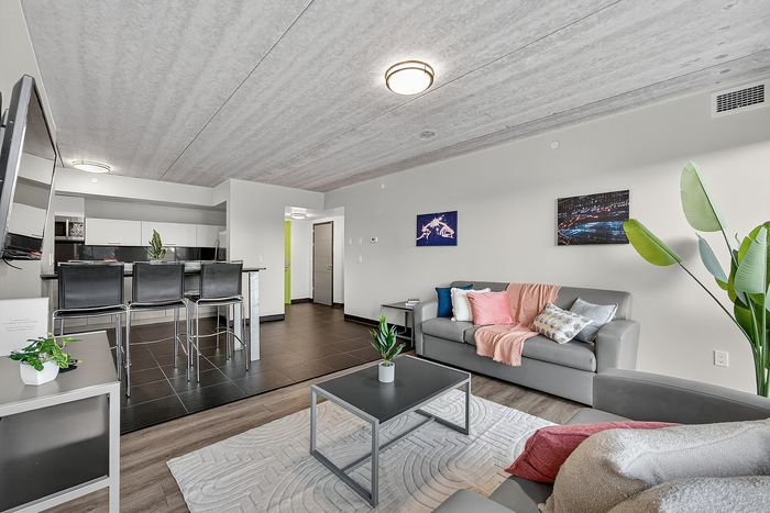 Modern open living area with cozy seating, stylish decor, and a sleek kitchen bar perfect for entertaining.