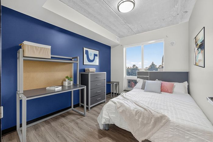 Modern bedroom with a sleek desk, vibrant blue accent wall, ample natural light, and cozy bedding for a stylish living space.