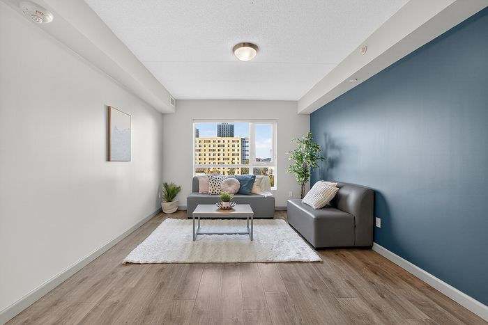 Bright and modern living room with stylish d&eacute;cor, featuring a plush sofa, elegant coffee table, large window with city view, and a contrasting accent wall.