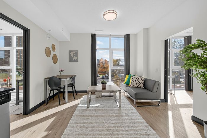 Bright and modern apartment living room with large windows, stylish gray sofa, vibrant cushions, and a cozy white rug, offering a fresh and inviting atmosphere.