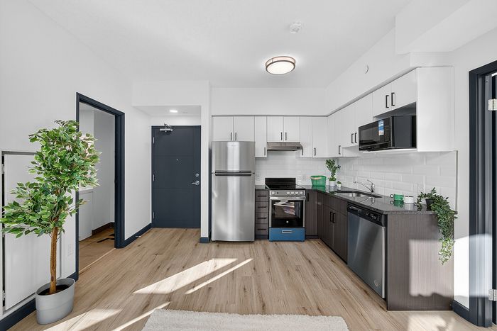 Modern kitchen with sleek stainless steel appliances, chic cabinetry, and elegant wooden flooring, perfect for stylish, functional living.