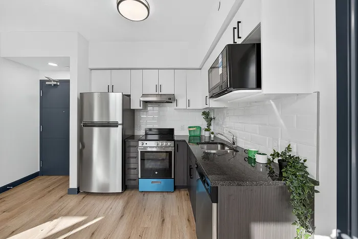 Modern kitchen with sleek stainless steel appliances, elegant dark countertops, and bright white cabinetry, perfect for culinary enthusiasts.