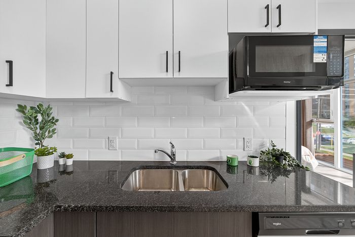 Modern kitchen with sleek black countertops, double sink, and elegant white cabinets, complemented by vibrant green potted plants and a glossy black microwave.