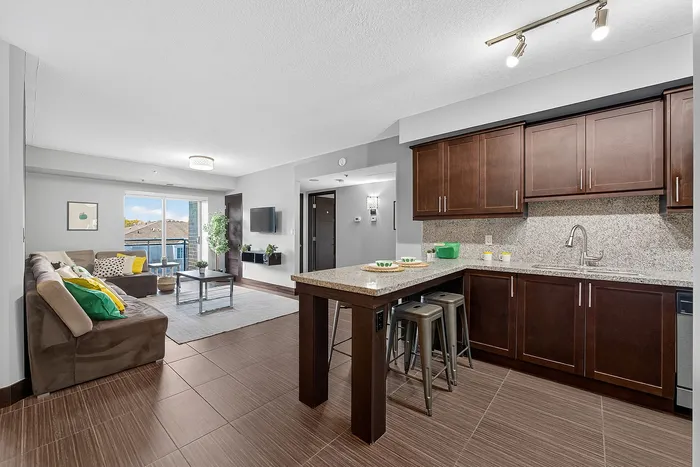 Elegant open-concept apartment with modern kitchen, cozy living area, and large windows providing natural light.