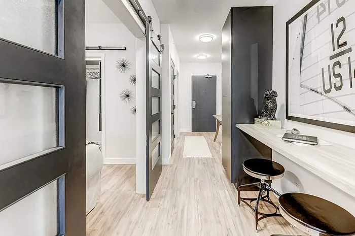 Sleek and modern apartment entryway featuring stylish sliding doors, elegant lighting, and contemporary wall art.