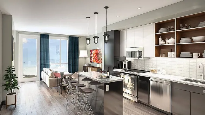 Modern apartment interior featuring a sleek kitchen with open shelves, elegant dining area with designer chairs, and a cozy living room with a large window offering stunning ocean views.