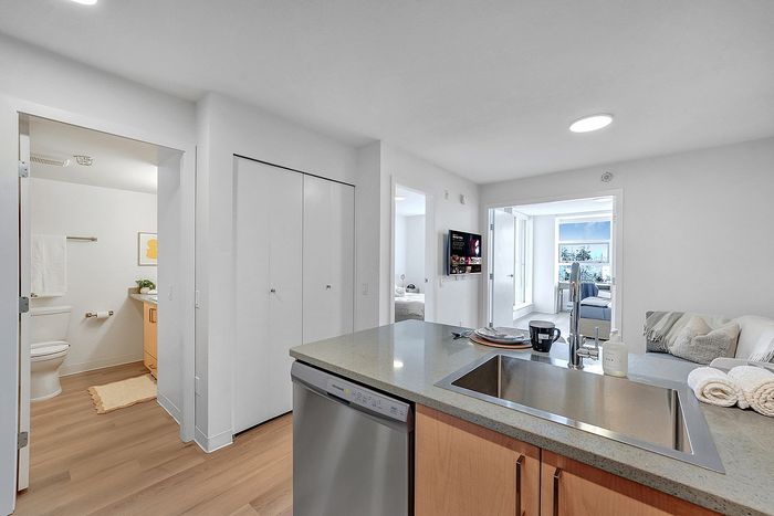 Modern apartment interior showcasing a sleek kitchen island with stainless steel sink, open view towards a bright living area and cozy bedroom, exemplifying elegance and contemporary design.