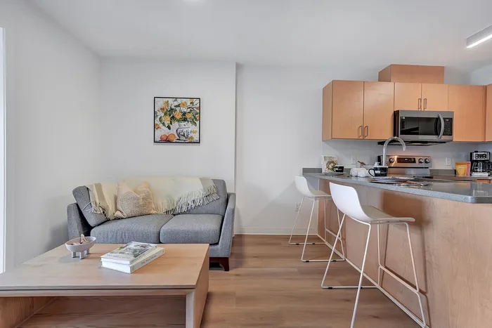 Contemporary apartment interior featuring a cozy gray sofa, elegant wooden coffee table, and modern kitchen with breakfast bar and sleek appliances.