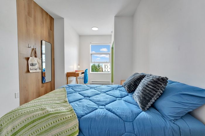 Bright and cozy bedroom with modern decor, featuring a plush blue bed, stylish desk, and a large window with a charming view.