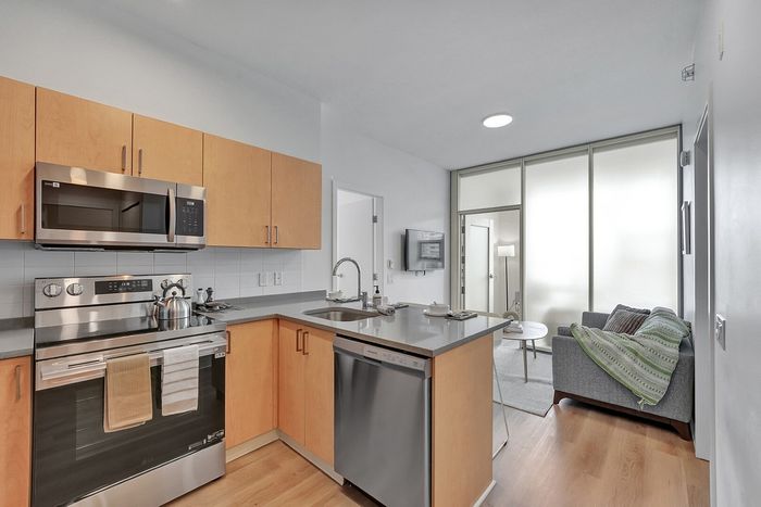 Chic modern kitchen with stainless steel appliances and cozy open-plan living area, perfect for entertaining.
