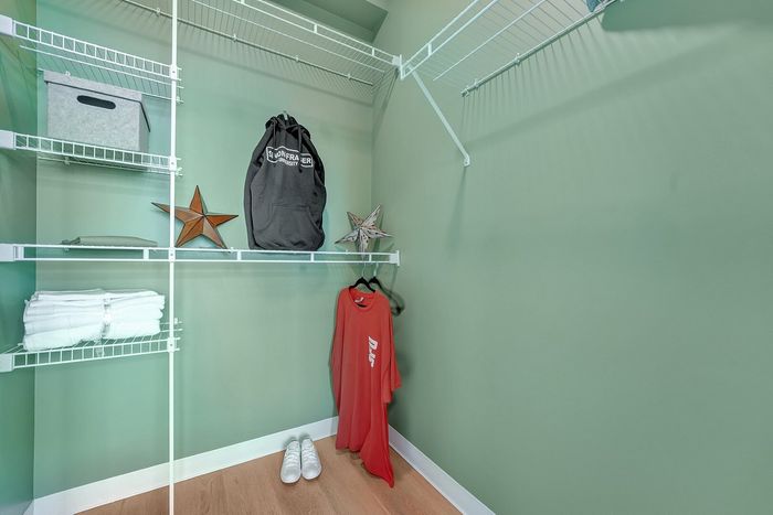 Organized walk-in closet with ample shelving, mint green walls, and stylish accents, offering modern storage solutions.