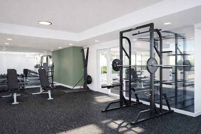 Modern fitness center featuring state-of-the-art weightlifting equipment, sleek design, and ample workout space.