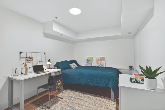 Inviting bedroom with modern decor, featuring a cozy bed, sleek work desk, and vibrant artwork, perfect for relaxation and productivity.
