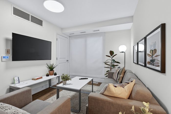 Modern, cozy living room featuring stylish gray sofas, sleek wall-mounted TV, and chic decor, perfect for relaxation and entertainment.