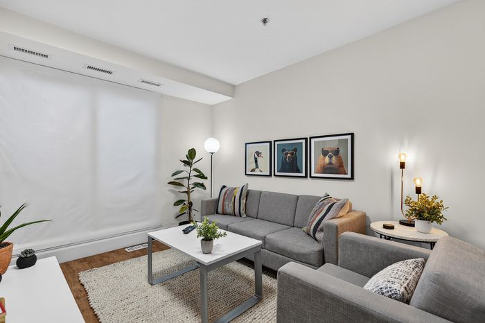 Contemporary living room with cozy gray sectional, modern decor, and vibrant artwork, offering a warm and inviting atmosphere.