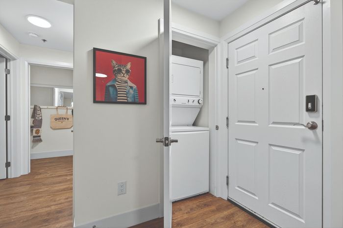 Chic entryway with modern white doors, in-unit stacked washer and dryer, and stylish cat artwork, blending functionality with unique design.