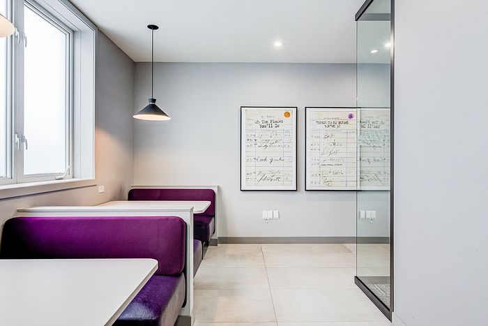 Chic dining area with modern purple booth seating and contemporary decor, perfect for stylish living.