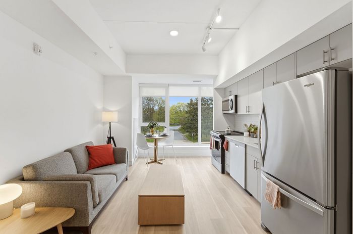 Elegant modern kitchen and cozy living room with sleek stainless steel appliances, plush sofa, and chic dining area by large windows with scenic views.