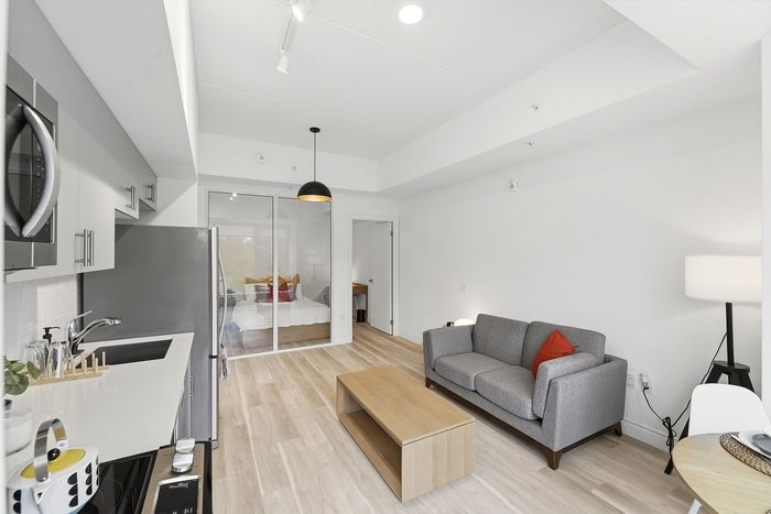 Modern open-plan living room with sleek kitchen, stylish gray sofa, and cozy bedroom view through glass doors.