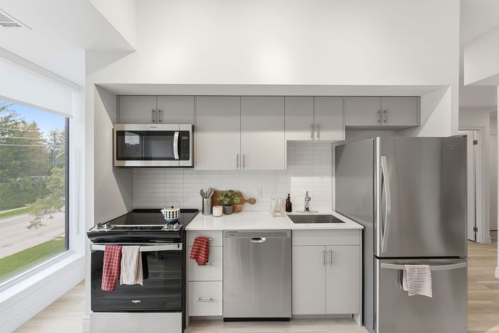 Modern kitchen with sleek stainless steel appliances, stylish cabinetry, and a scenic large window view.