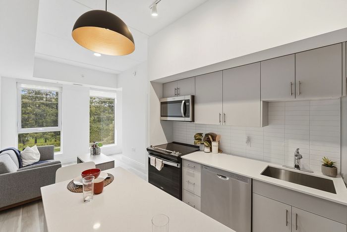 Modern kitchen with sleek cabinetry and stainless steel appliances, open to a cozy living area with large windows offering serene views.