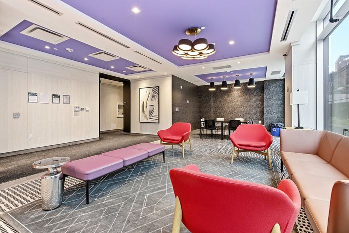 Modern apartment lounge with vibrant seating, striking purple ceiling, and contemporary lighting. Features a sleek dining area and large windows for natural light.