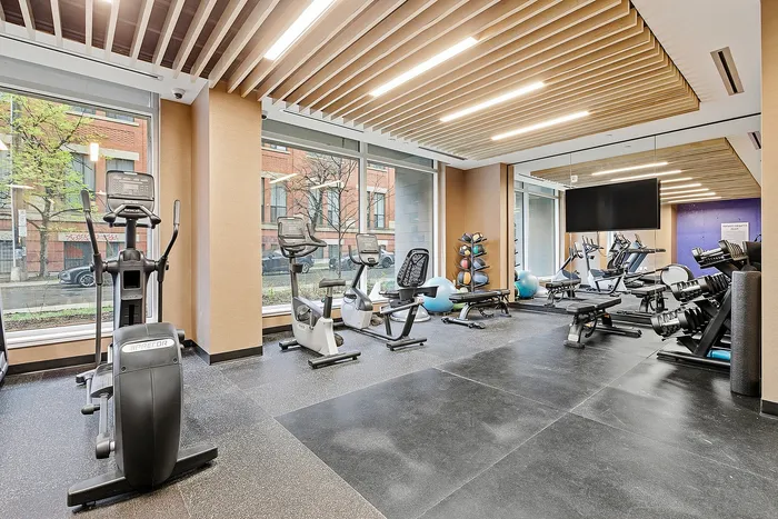 Bright and modern fitness center with state-of-the-art exercise equipment, featuring expansive windows for natural light.