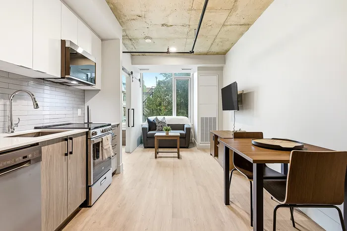 Chic open-plan apartment with modern kitchen, cozy living area with stylish decor, and abundant natural light.