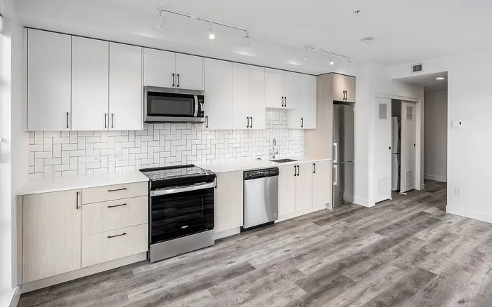 Modern kitchen with sleek cabinetry, stainless steel appliances, and elegant wood flooring in a bright and spacious apartment.