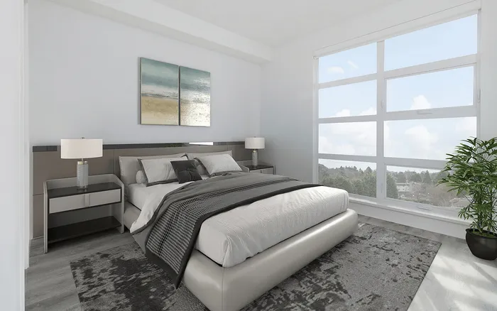 Bright and modern bedroom featuring a luxurious bed, elegant side tables with lamps, large window with scenic view, and stylish decor.