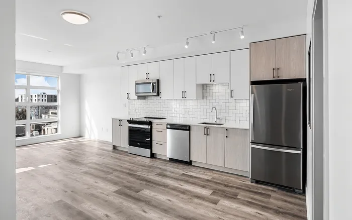 Modern kitchen with sleek cabinetry, stainless steel appliances, and large window showcasing natural light.