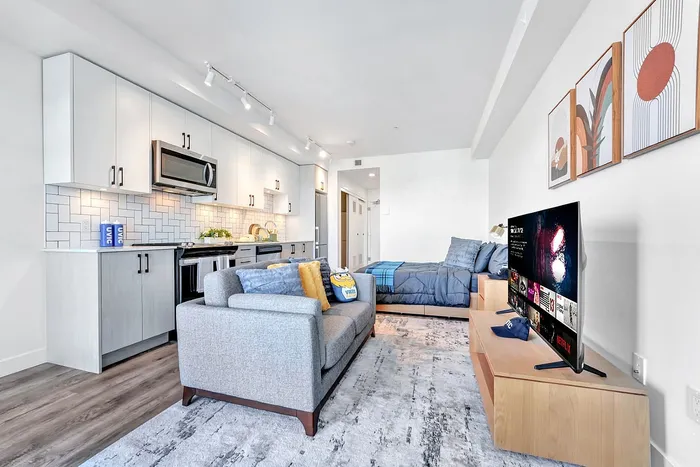 Contemporary studio apartment with an open-plan kitchen, cozy living area, and stylish decor, perfect for modern living.