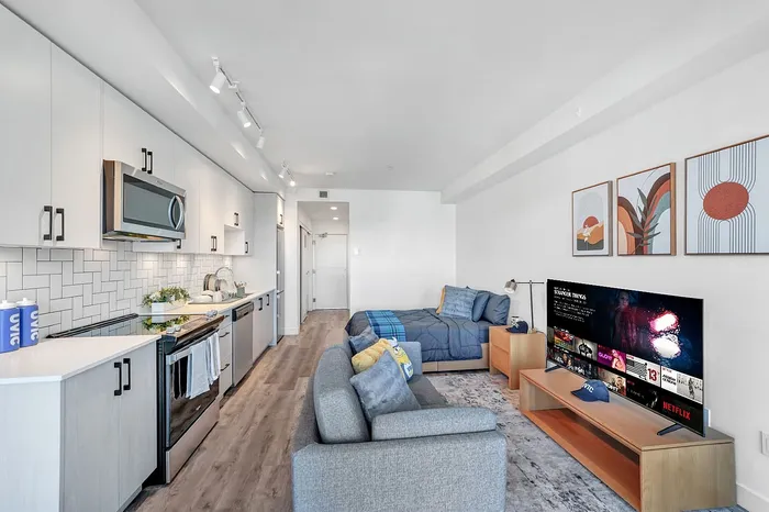 Modern open-concept apartment with sleek kitchen, cozy living area, and stylish decor.