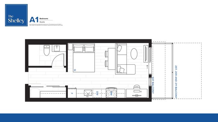 The Shelley A1 studio layout with a modern open-concept design, featuring a spacious bedroom, living area, and kitchen adjacent to a balcony.