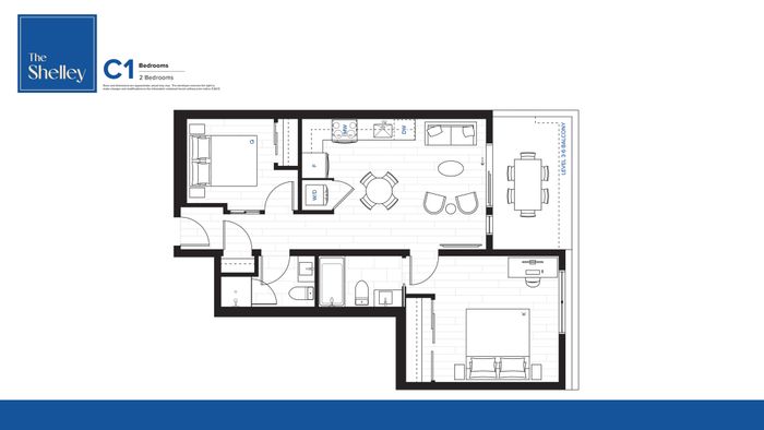The Shelley C1 floor plan showcasing a modern 2-bedroom layout with open living and dining area, spacious kitchen, and private balcony.