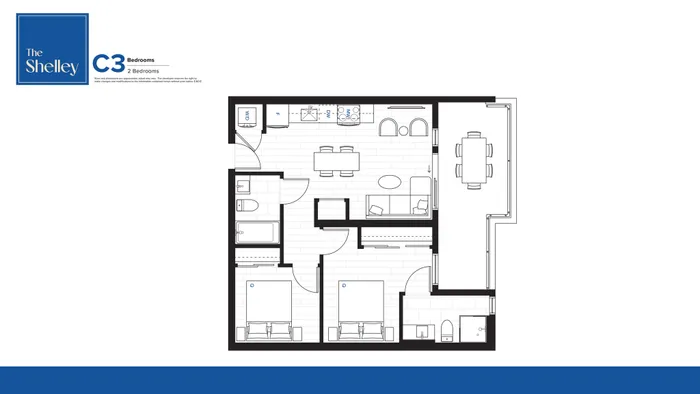 The Shelley C3 floor plan showcasing a modern layout with 2 bedrooms, a spacious open-concept living and dining area, and a well-equipped kitchen.
