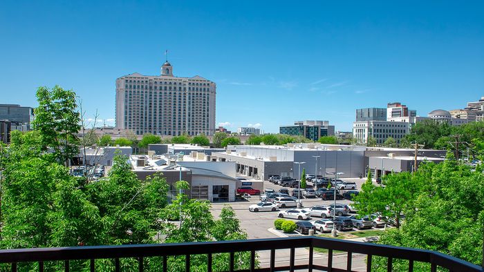 View of downtown Salt Lake City from Metro Flats with nearby landmarks and skyline
