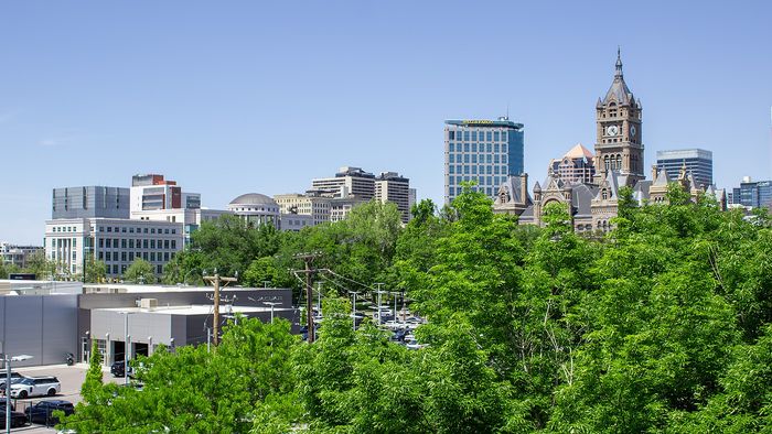 Downtown Salt Lake City skyline featuring historic buildings and city landmarks
