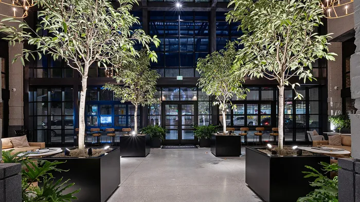 Interior entrance of Sugar Alley glass atrium lit by evening light