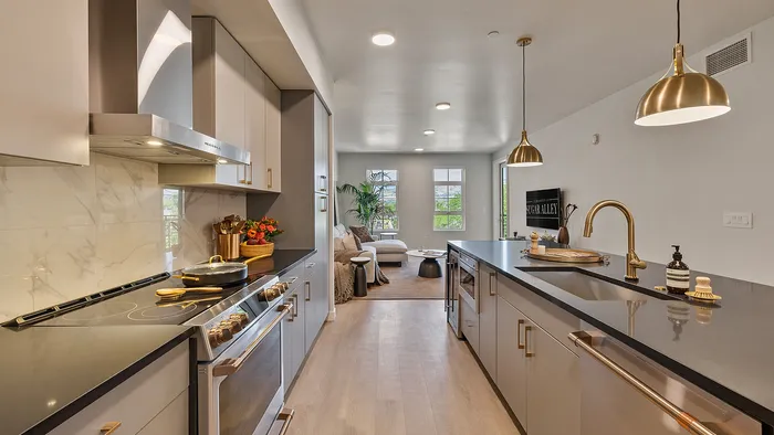 Alternate angle of Jade unit kitchen showing spacious layout and contemporary design
