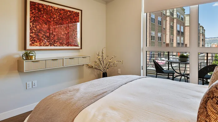 Different angle of Jade bedroom showing wall space and soft textures