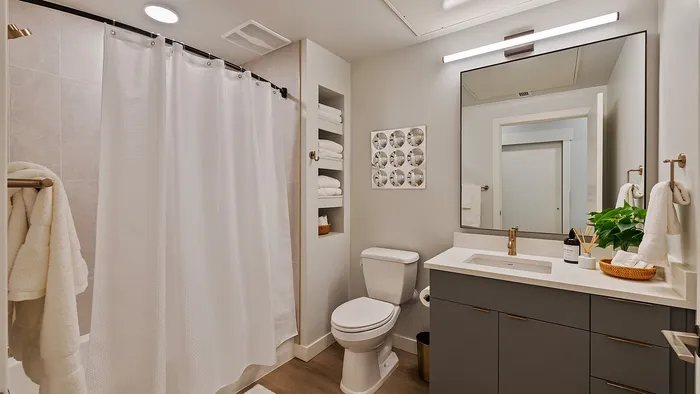 Slate studio apartment bathroom with shower and contemporary vanity