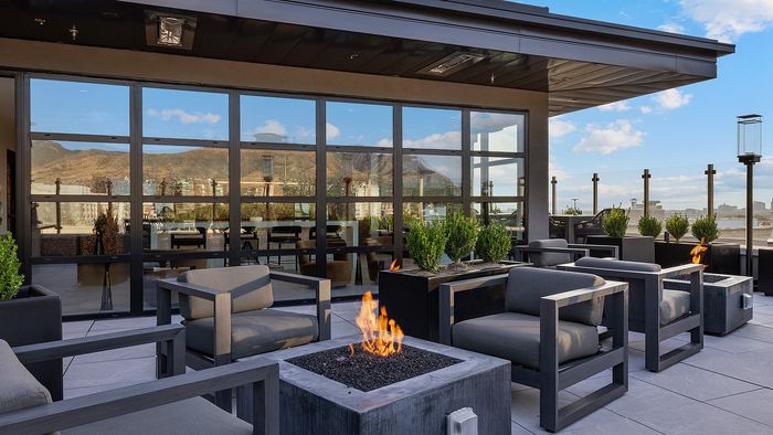 Rooftop Deck with Views at Sugar Alley – rooftop deck fireplace