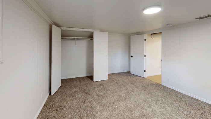 Spacious carpeted basement bedroom with double-door closet and neutral walls in the Stone Creek Village 5-bedroom home.
