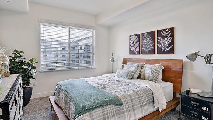 Palisades 2 bedroom apartment primary bedroom with natural light at Parkway Lofts in Orem Utah