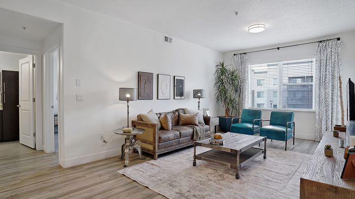 Palisades 2 bedroom apartment living room with natural light at Parkway Lofts in Orem Utah