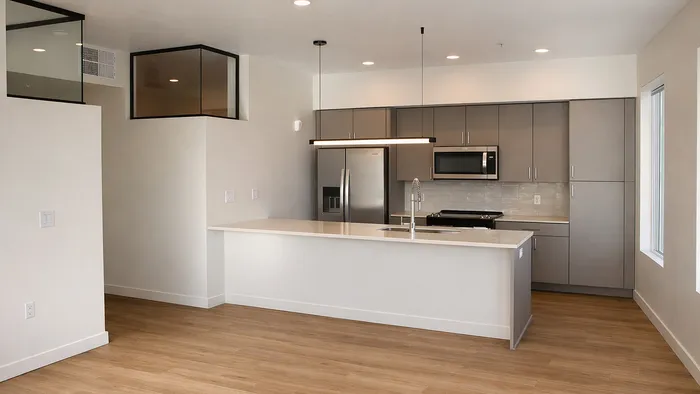 Open-concept kitchen with modern finishes in Aster two-bedroom apartment at Silo Park